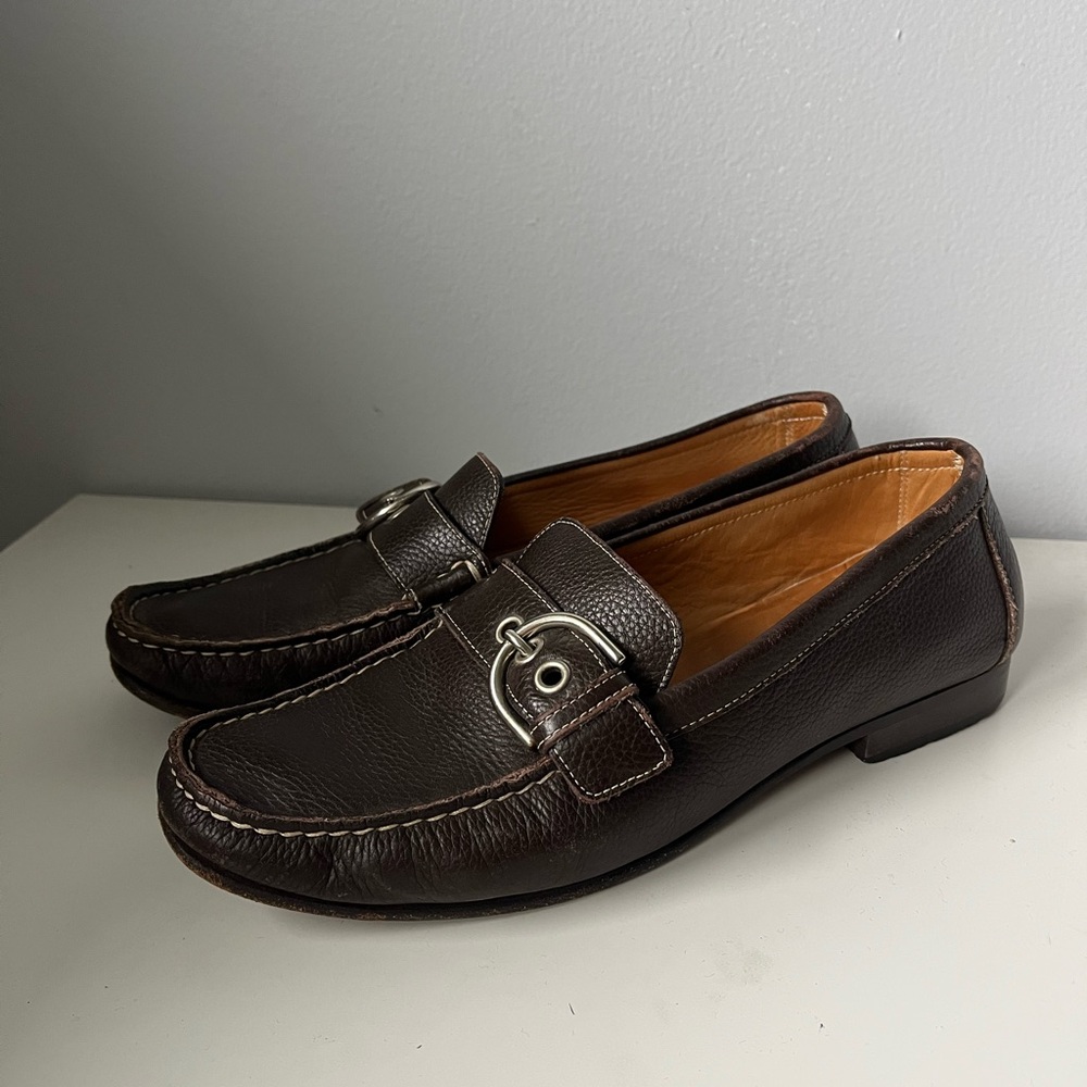 Coach Emery Brown Pebbled Leather Calfskin Loafer Front Buckle